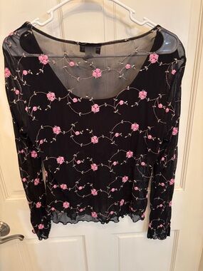Fashion Bug Black Sheer Long-Sleeve Top with Pink Floral Embroidery